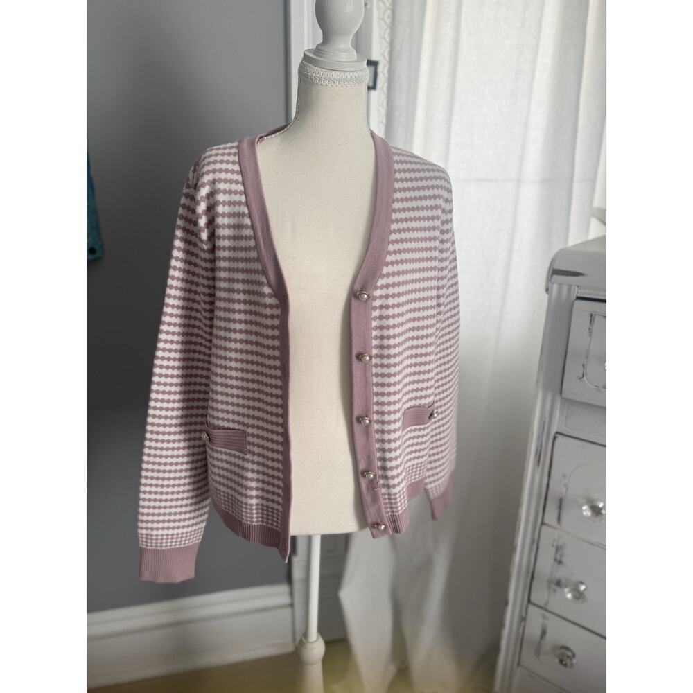 Adriana Papell pink And White Cardigan, Pearl Buttons Size Large In Wt